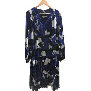 Chicos Dress Women's Size 16 Blue Black White Long Sleeve V-Neck